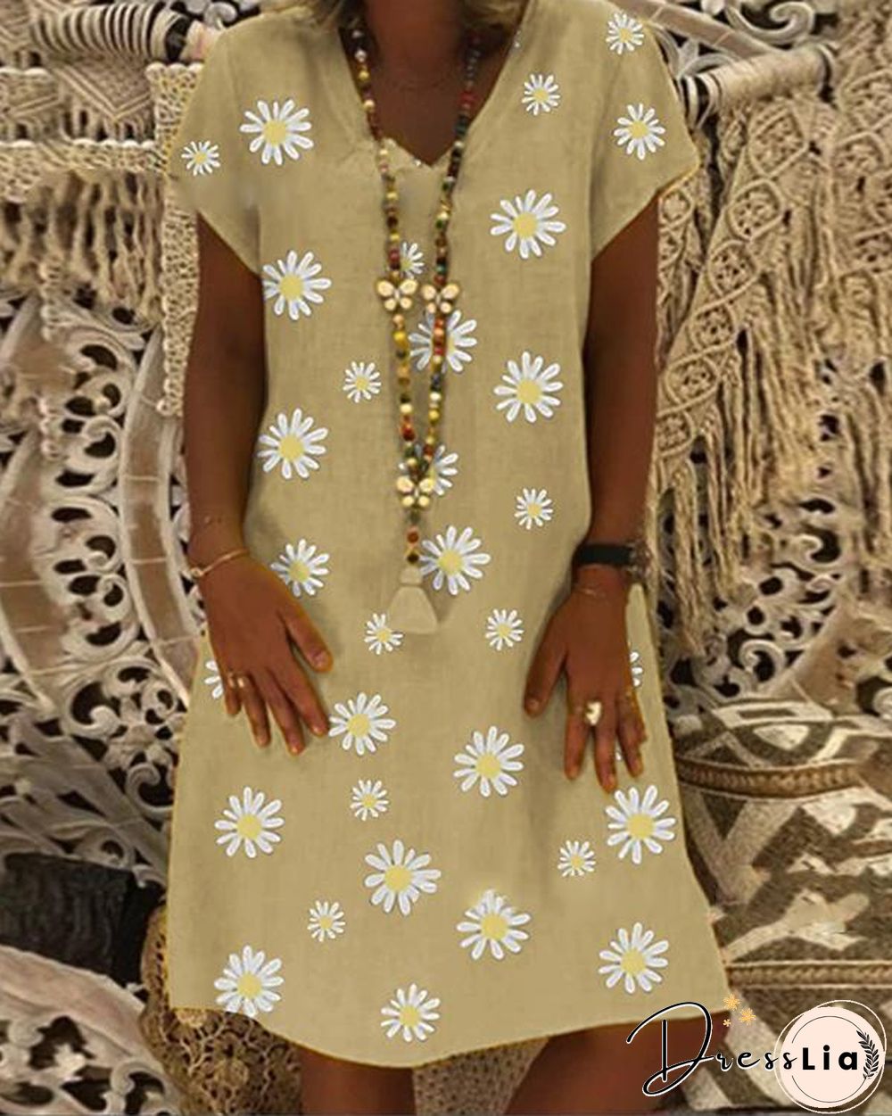 Casual Vintage V-neck Short-Sleeved Daisy Dress