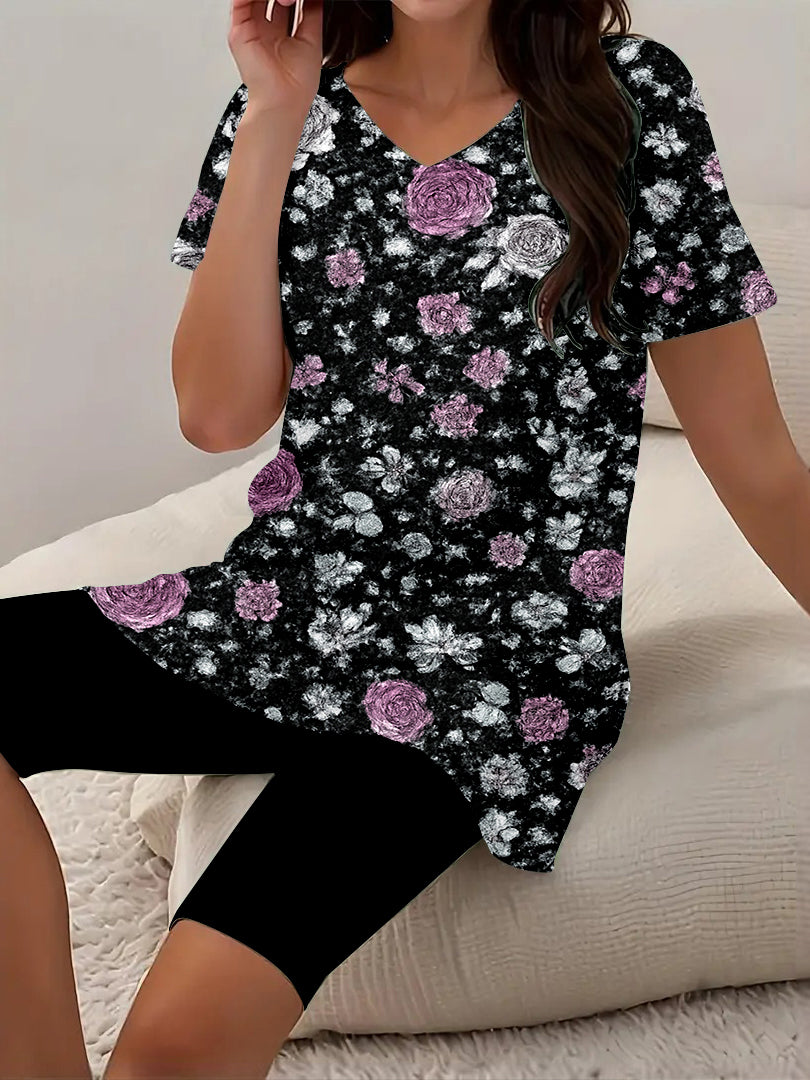 Women Long Sleeve V-neck Graphic Floral Printed Top