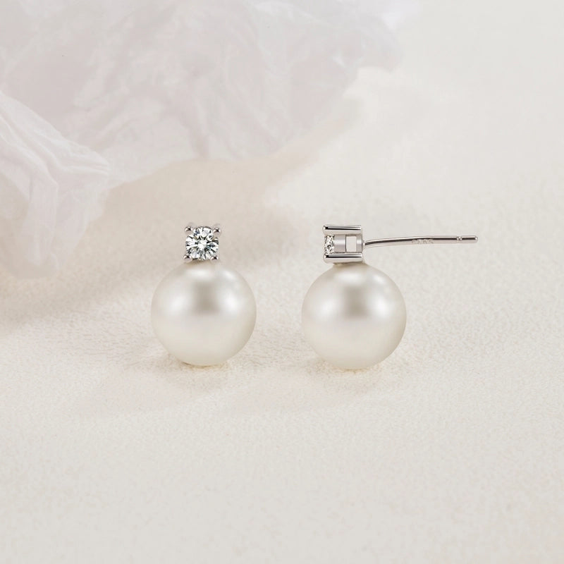 1 Pair 925 Sterling Silver Shell Pearls 925 Sterling Silver Earrings Round Ear Studs