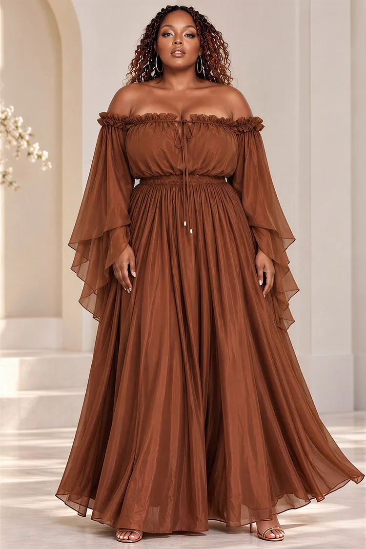 Xpluswear Design Plus Size Formal Brown Off The Shoulder Long Sleeve Peplum Ruffle Chiffon Maxi Dresses [Pre-Order] 2024 - Xpluswear