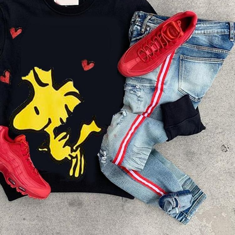 Funny little yellow bird cartoon pattern top& pants jeans