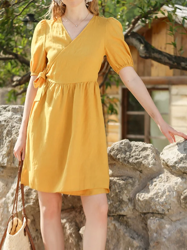 V-Neck Front With Sweet Puffy Sleeves Mini Dress