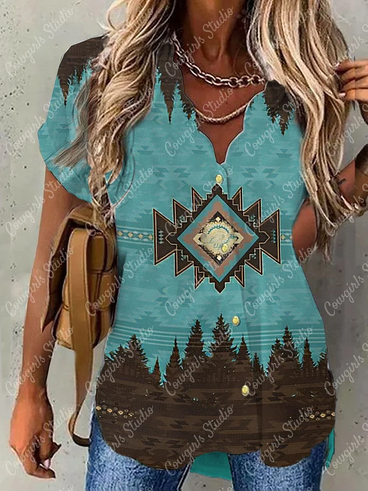 V-neck Western Style Print Women's Casual Short Sleeve