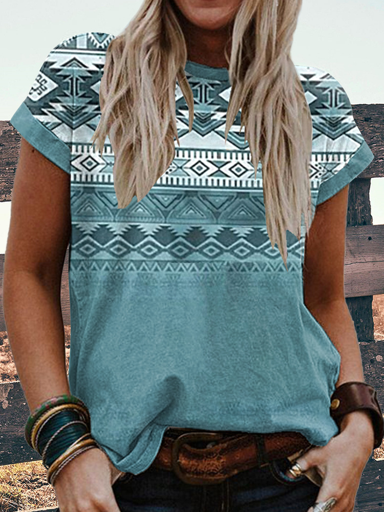 Western Geometric Pattern Print Casual Cozy T-Shirt wearshes