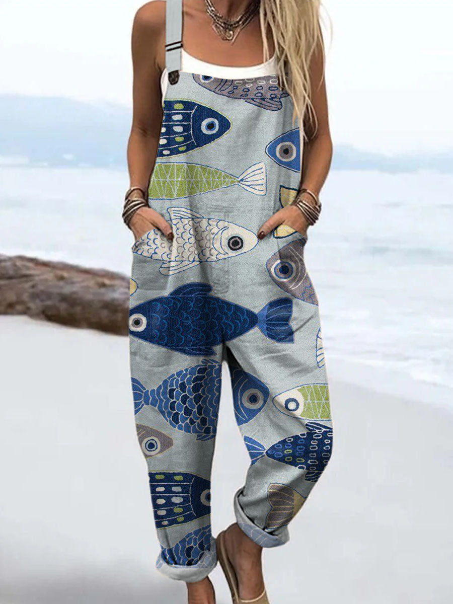 Women's Lovely Fish Pattern Art Print Casual 100% Cotton Wide Leg Jumpsuit