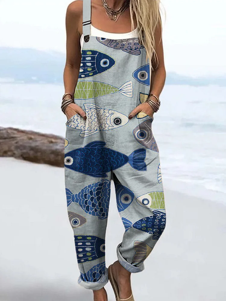 Women's Lovely Fish Pattern Art Print Casual 100% Cotton Wide Leg Jumpsuit