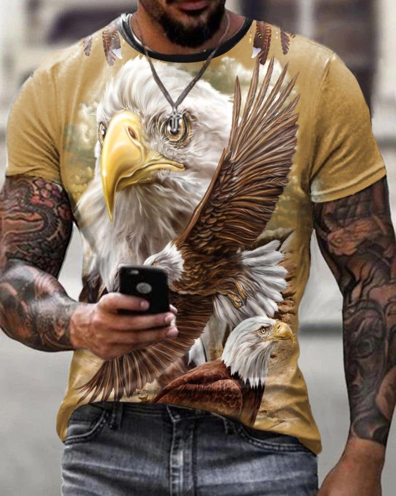 Men's Casual Yellow Eagle Short Sleeve T-shirt