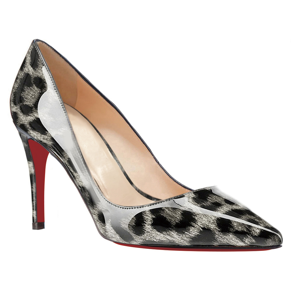 90mm Middle Heels Pointy Toe Pumps Grey Leopard Patent-vocosishoes