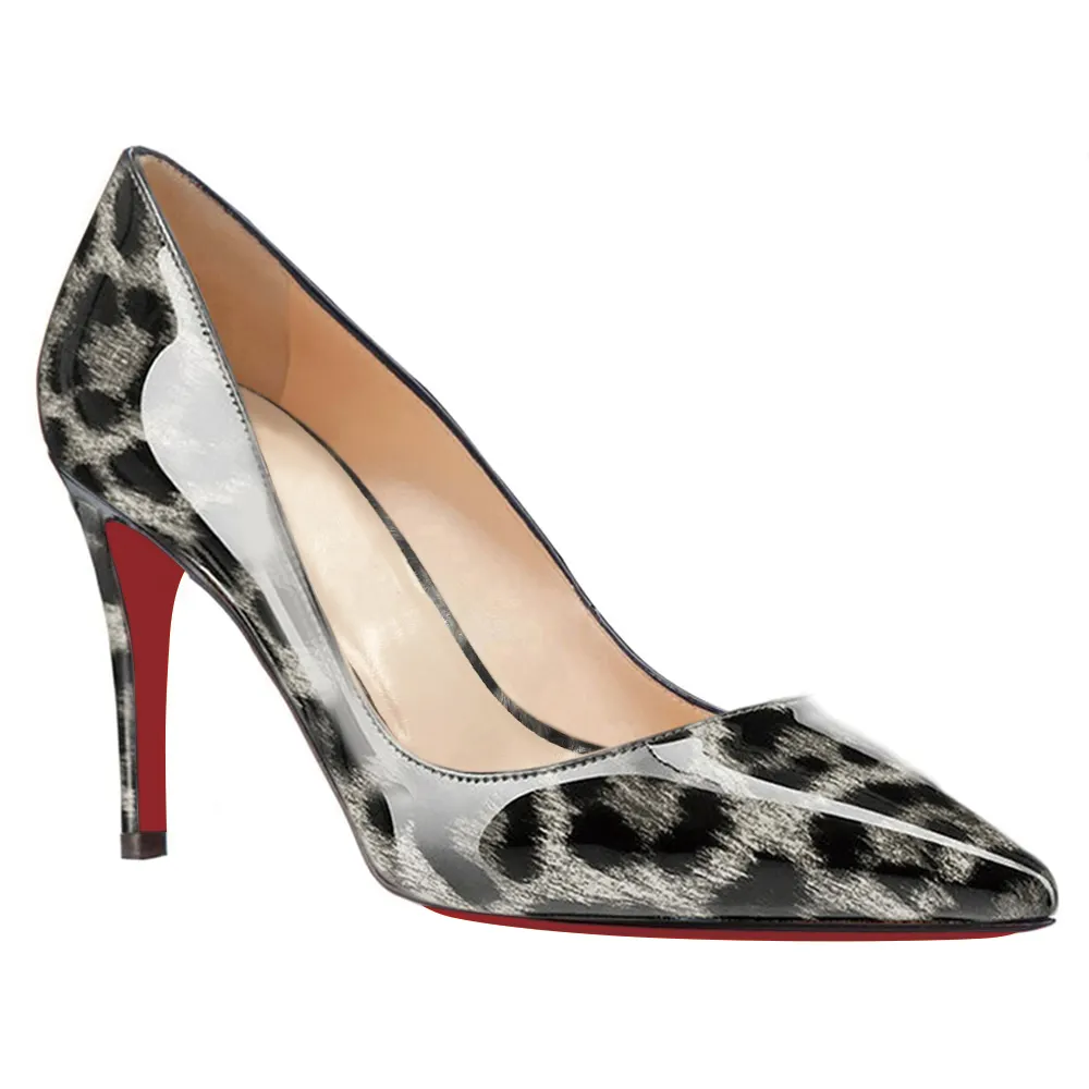 90mm Middle Heels Pointy Toe Pumps Grey Leopard Patent-vocosishoes