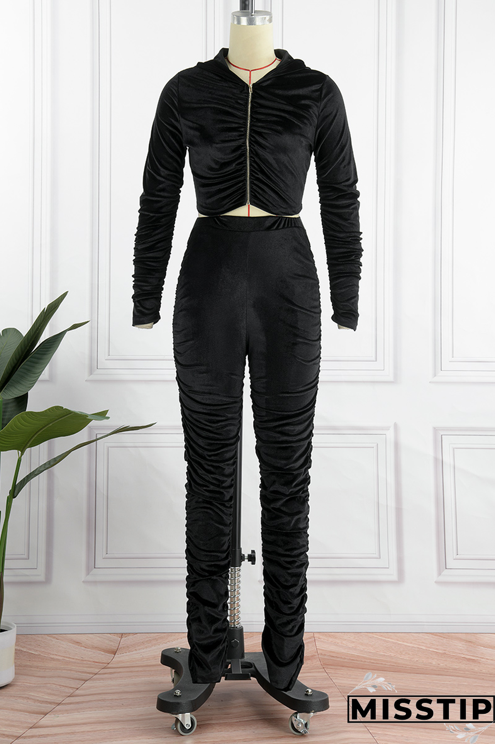 Black Street Solid Fold Hooded Collar Long Sleeve Two Pieces