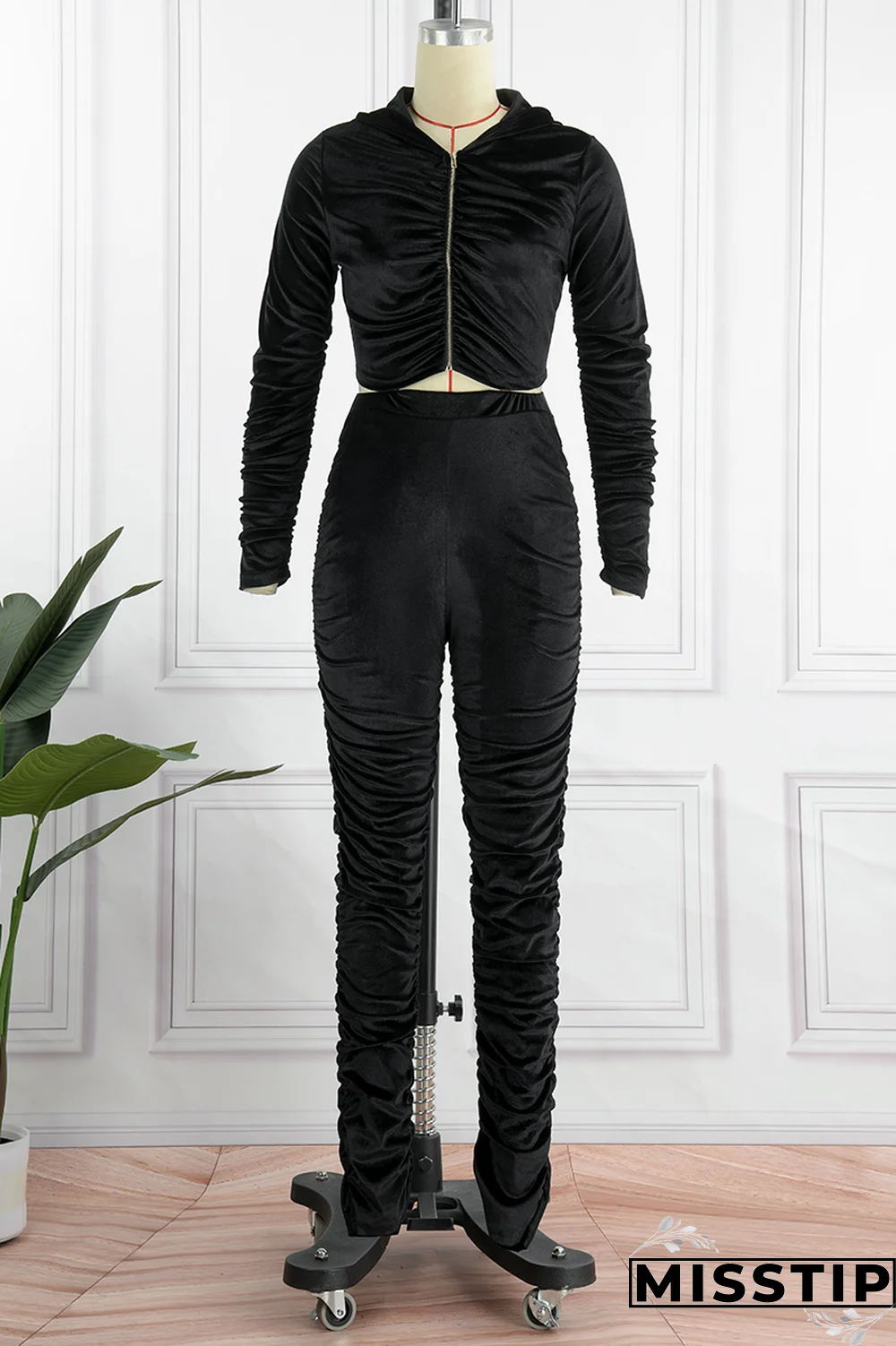 Black Street Solid Fold Hooded Collar Long Sleeve Two Pieces