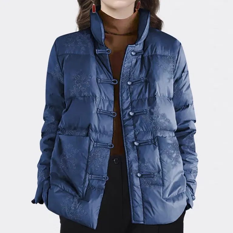 Uveng Autumn Winter New Retro Embroidery Embroidery Knit Down Jacket Female Short Money Light Standing Collar Chinese Dish Buckle Coat