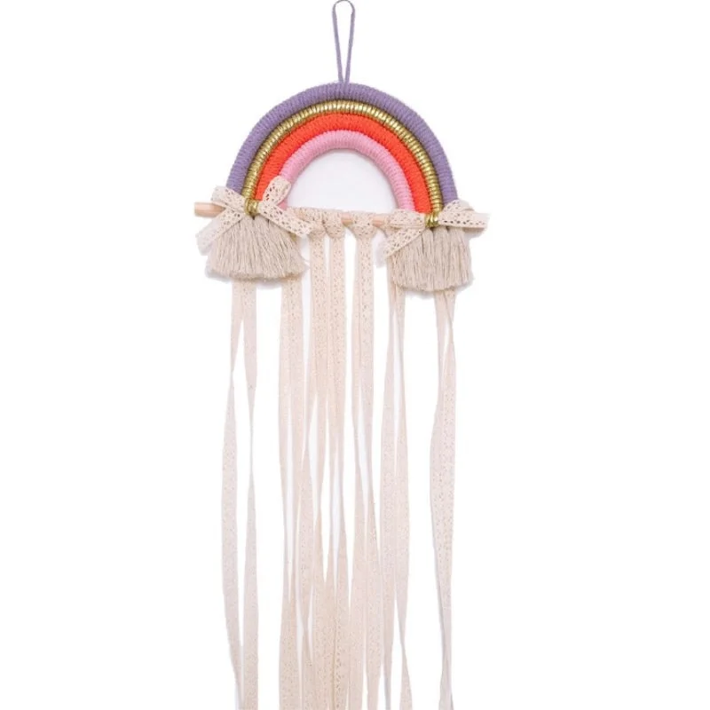 INS Nordic Rainbow Tassel Wall Hanging Ornaments Hair Bows Storage Belt Girls Room Decoration Hair Clips Hanger Organizer Strip