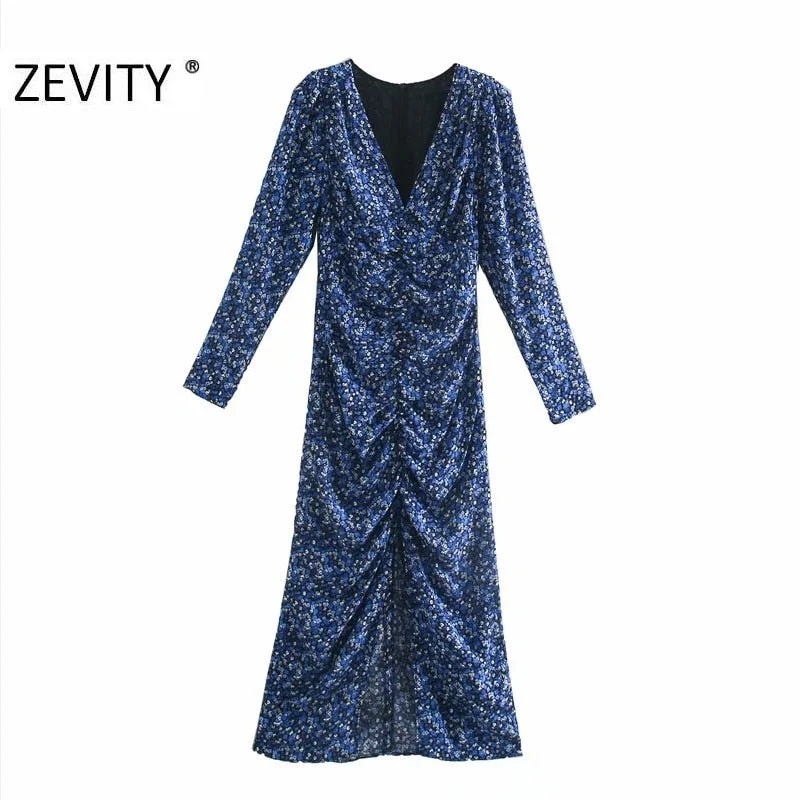 ZEVITY New Women Vintage V Neck Flower Print Pleated Shirtdress Ladies Long Sleeve Back Zipper Vestido Chic Split Dresses DS4516