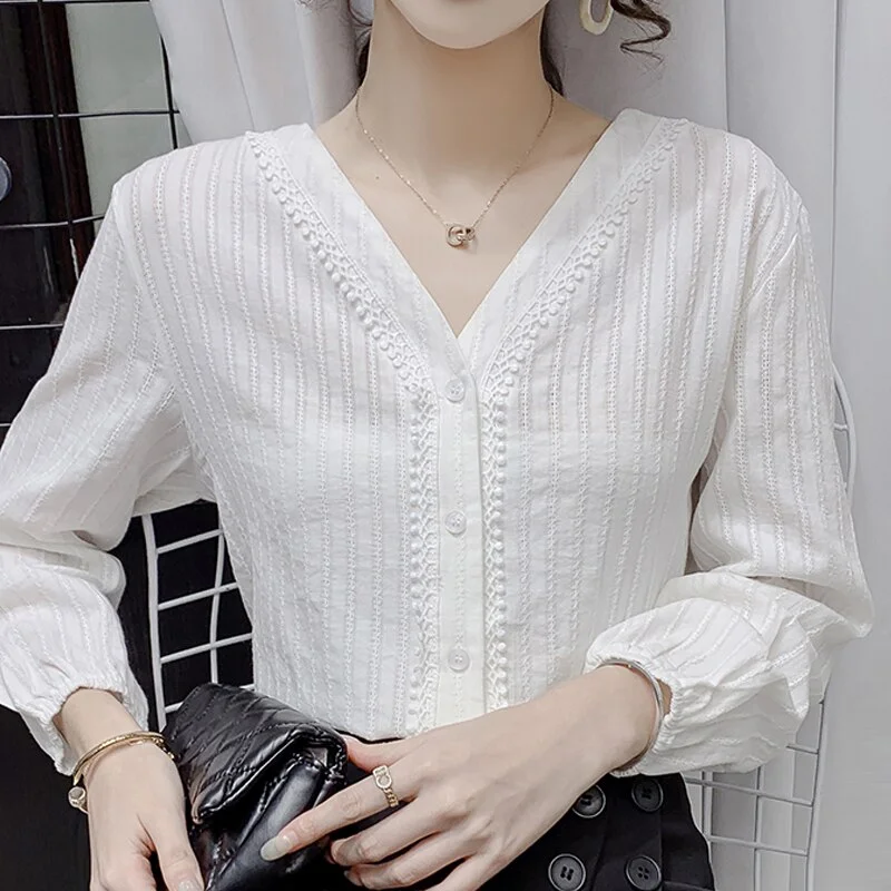 Autumn Women V-Neck White Blouse Shirt Women Tops Long Sleeve Blouse Women Blusas Women Blusas Mujer De Moda 2023 Blouses Femme Shirts F104