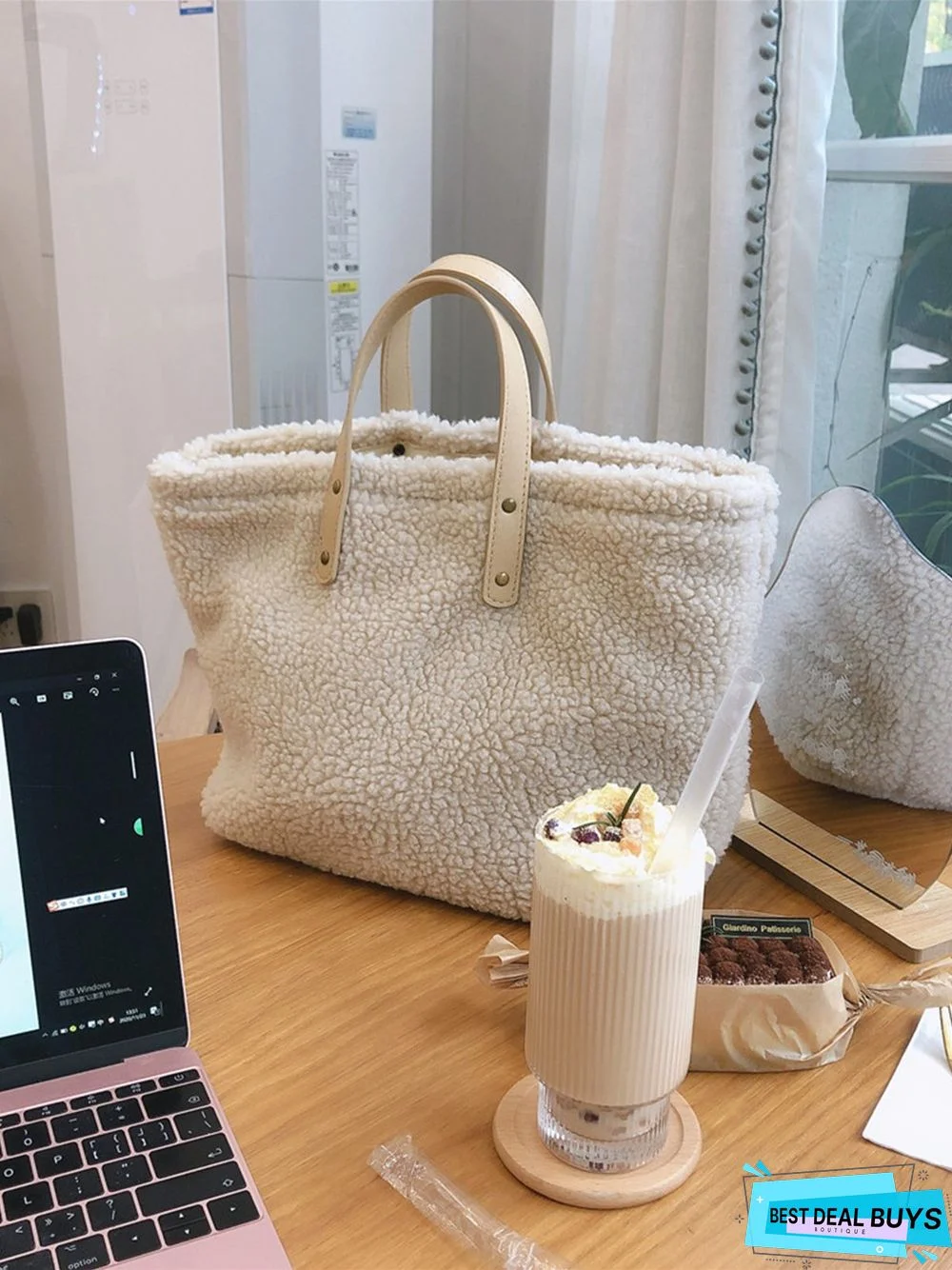 Pure Color Lambswool Large Capacity Handbag