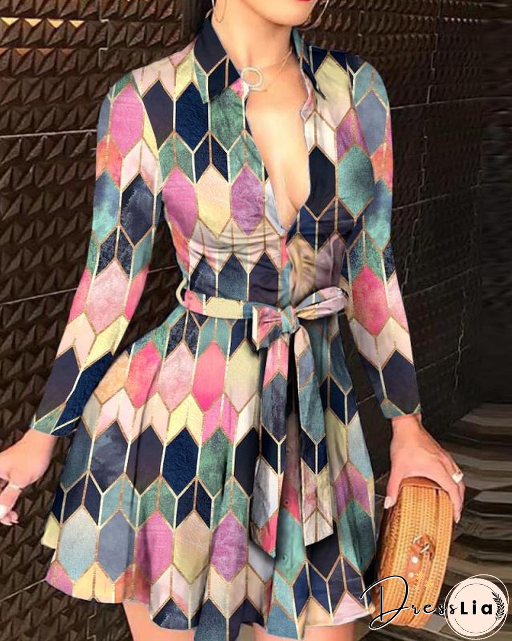 Autumn and Winter New Long Sleeve V-neck Bandage Fashion Sexy Printed Dress