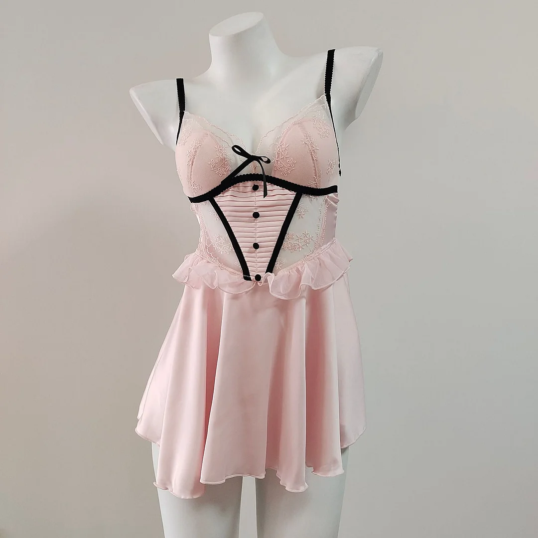 Brownm Brownm With Chest Cushion Pure Lust Wind Pajamas Female French Pure Lust Wind High-Grade Lace Perspective Thin Ice Ribbon Sling Skirt