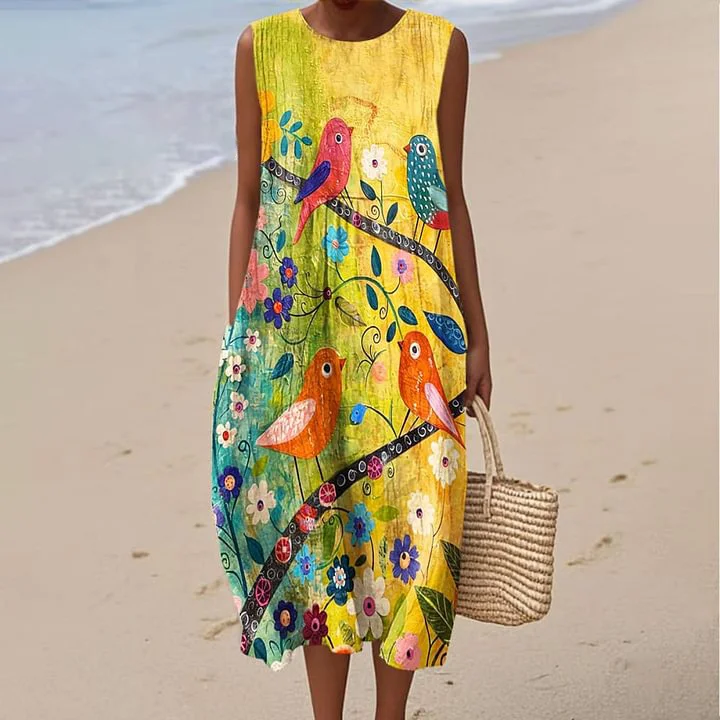 Women's Vintage Flower Bird Art Print Sleeveless Cotton Pocket Wrap Dress