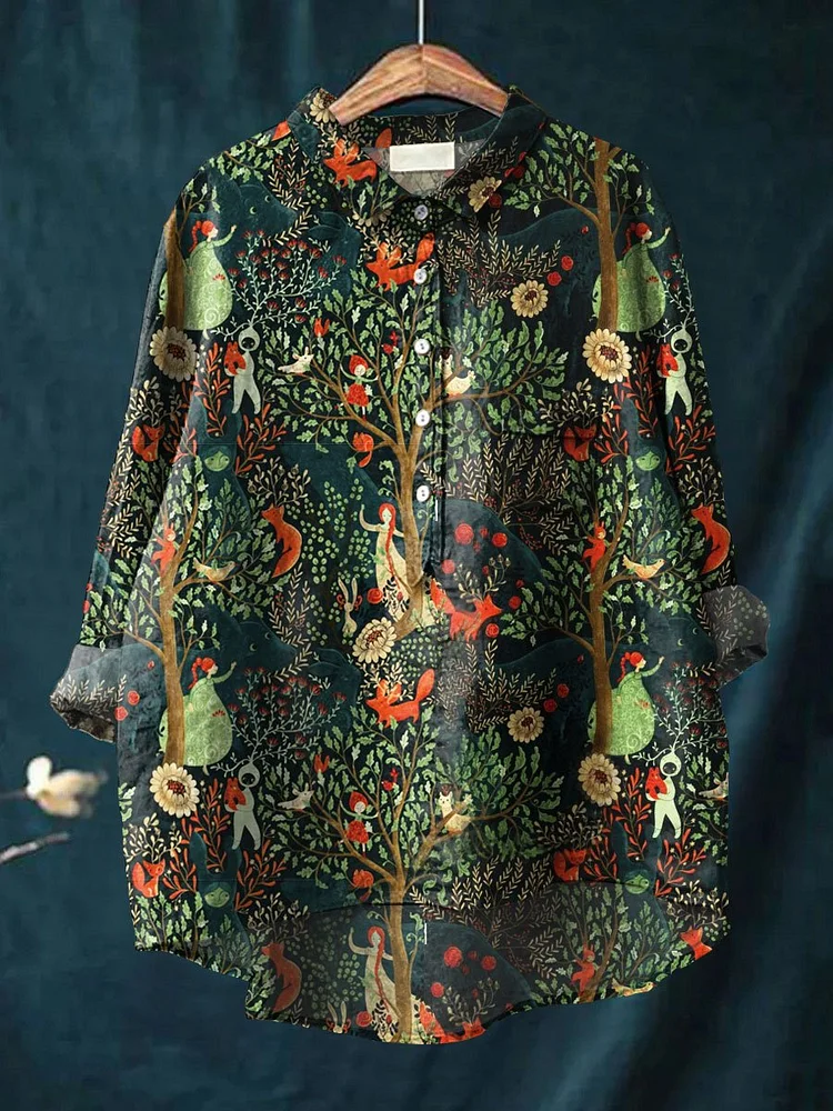 Women's Wonderland Art Print Casual Cotton And Linen Shirt