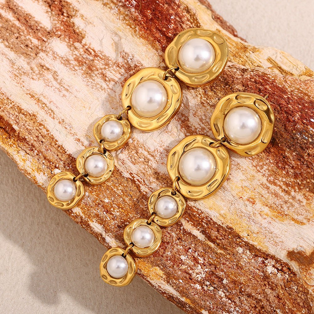 Ins Fashion Niche Retro Earrings Stainless Steel Plated 18K Gold Large And Small Pearl Long Earrings For Women