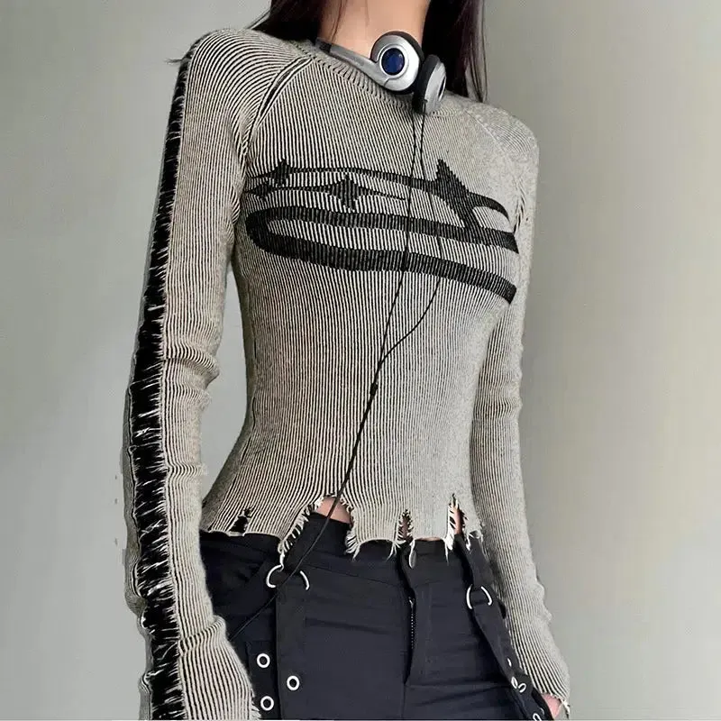 Brownm Long Sleeve Distressed Top