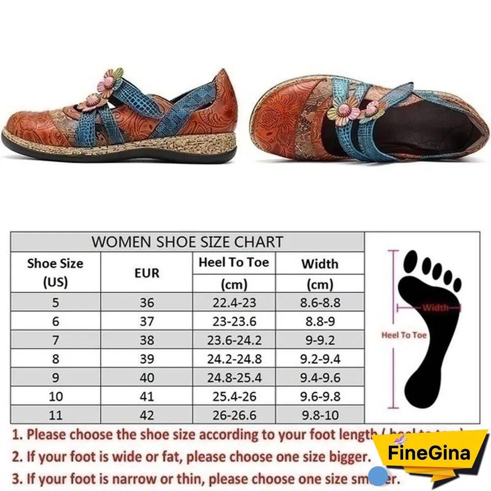 Vintage Floral Genuine Leather Splicing Colored Stitching Hook Loop Flat Shoes Spring Summer Casual Women Flat Shoes（2styles）