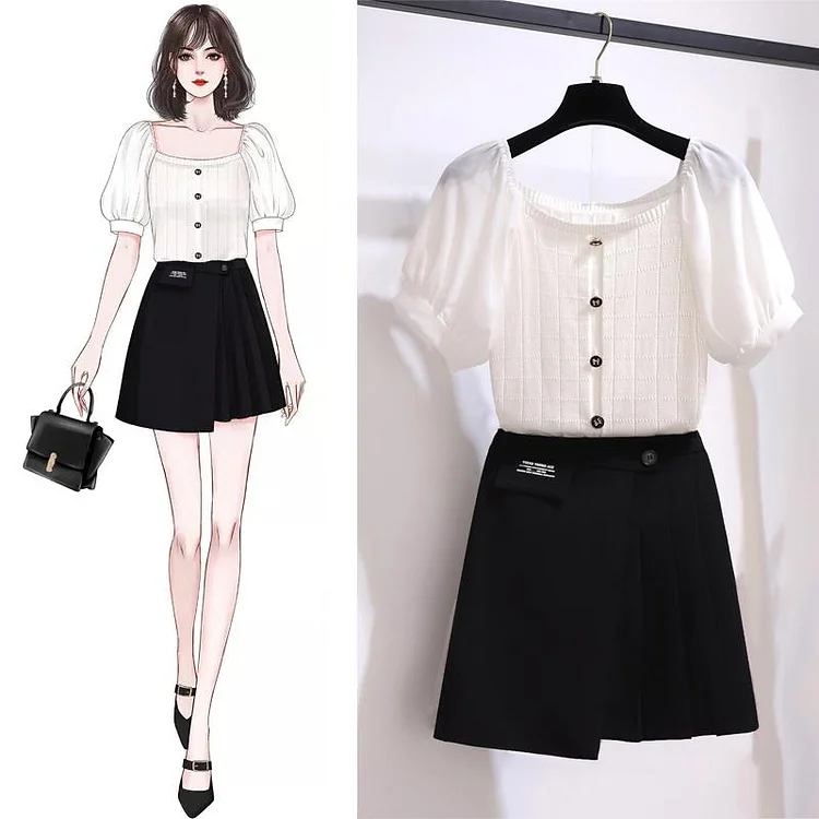 Square Collar Tee+Black Skirt P15454