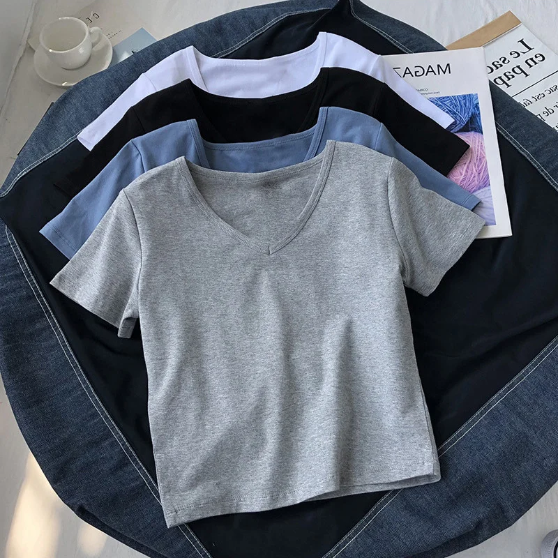 Brownm Brownm Women With Ins Tight Short Sleeve V-Neck Solid Color Short T-Shirt In Summer 2024