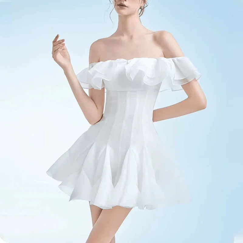 Zingj Lotus Leaf-Side Phong Dress Women's New Summer Summer New Fashion Temperament Sweet Wind Shoulder Solid Color Short Dress