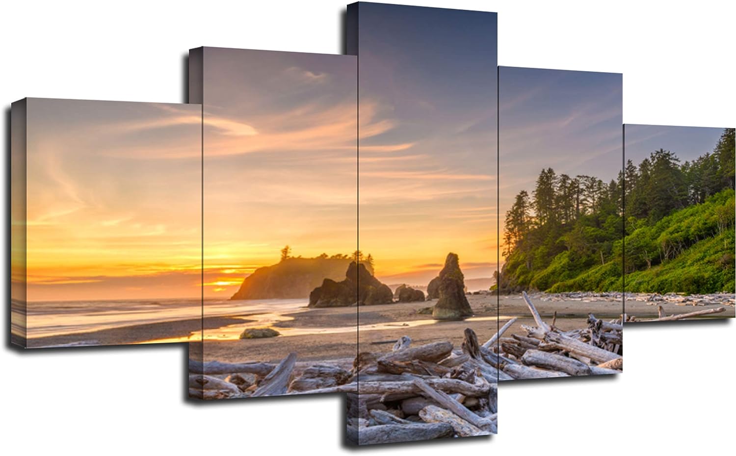 Olympic National Park Wall Art Washington Ruby Beach Wall Decor USA Landscape Picture Canvas Print Poster Painting Framed Home Living Room Bedroom 5 Panels Ready to Hang(60''Wx32''H) 60&#039;&#039;Wx32&#039;&#039;H