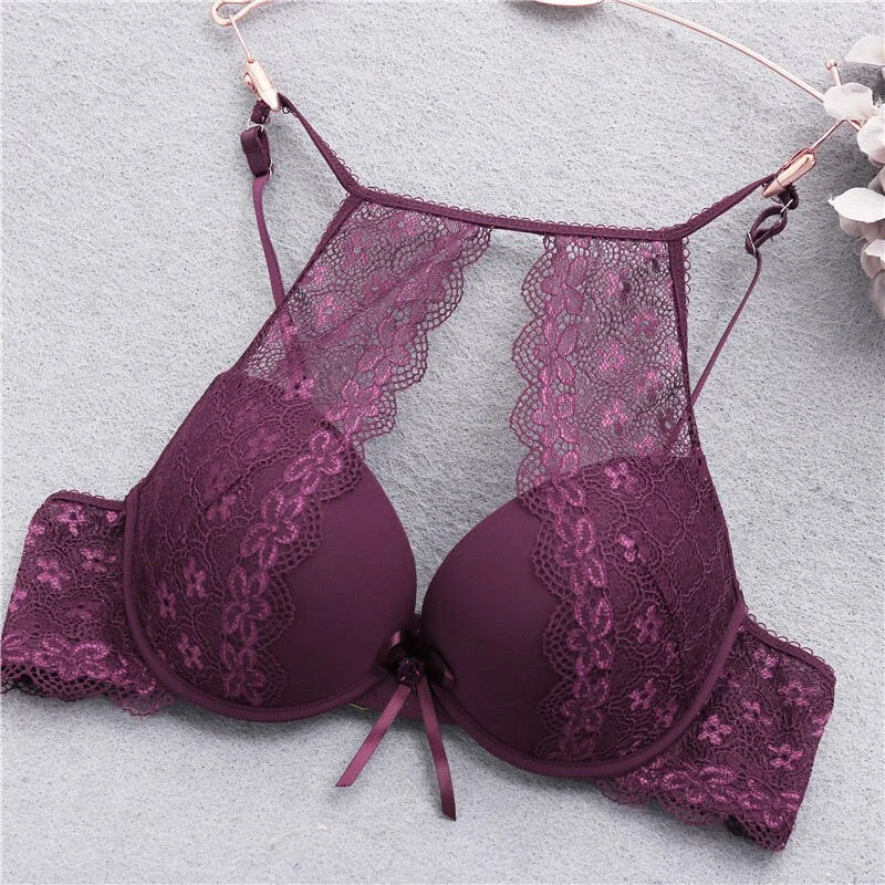 FINETOO Hollow Sexy Bras For Women B C Cup Lace Bra Fashion Push Up Bra Floral Underwear Lace Unlined Brassiere Female Lingerie