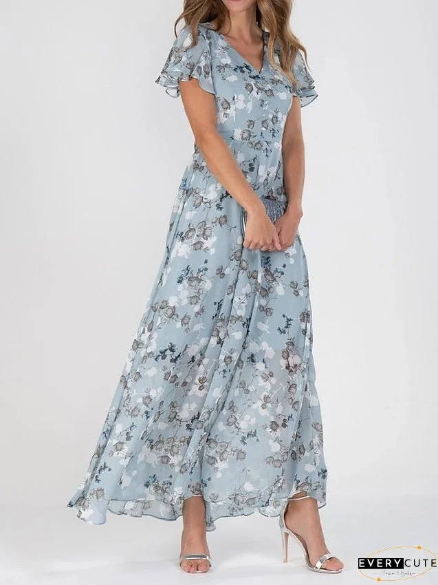Casual Dress Swing Dress Floral Dress Chiffon Long Dress Maxi Dress Green Blue Light Blue Short Sleeve Floral Ruffle Spring Summer V Neck Fashion Daily Date Vacation S M L XL XXL 3XL for Women