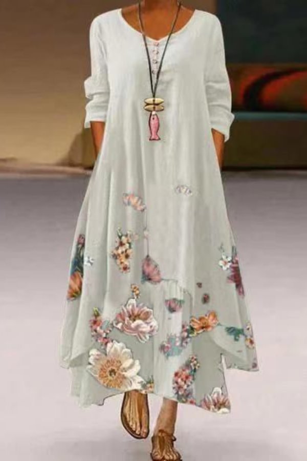 Floral Print Long Sleeve Casual Long Dress