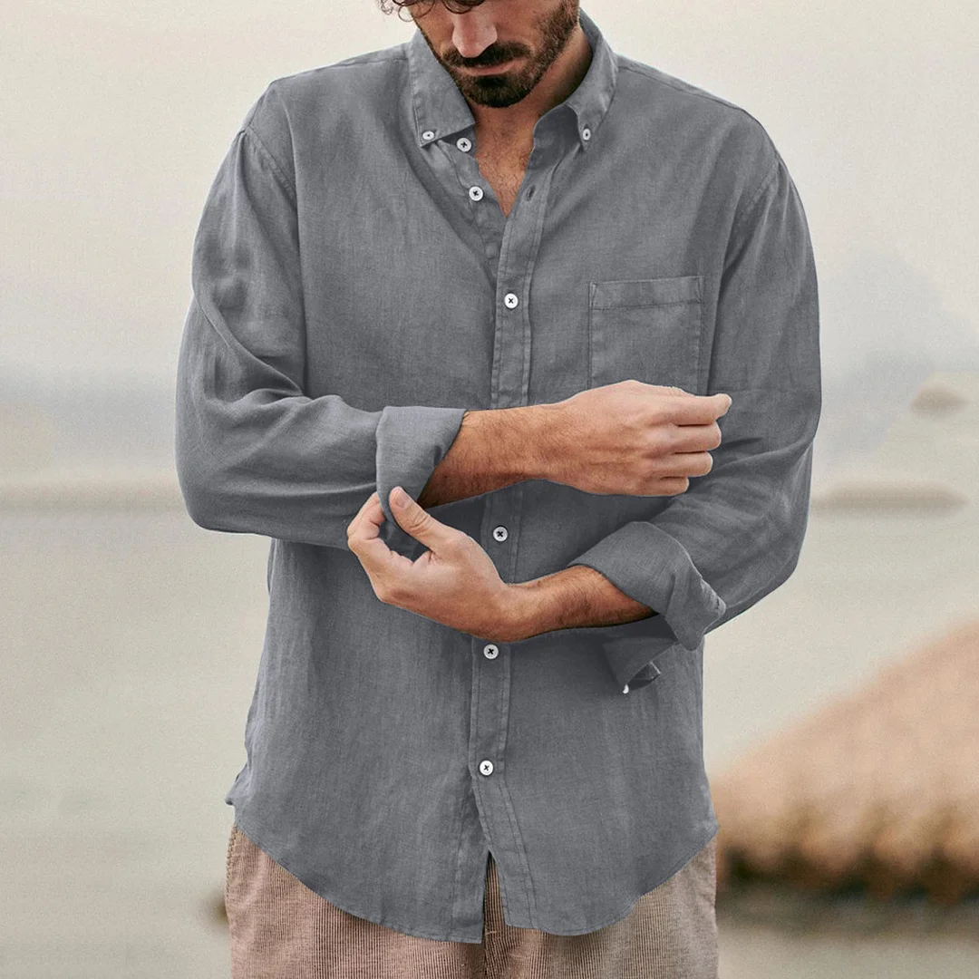 Men's Retro Casual Pocket Cotton Linen Men's Long Sleeve Shirt-inspireuse