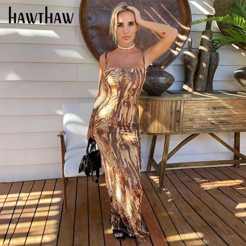 Hawthaw Women Fashion Summer Sleeveless Bodycon Slim Printed Beach Pencil Long Dress 2021 Female Clothing Streetwear Wholesale