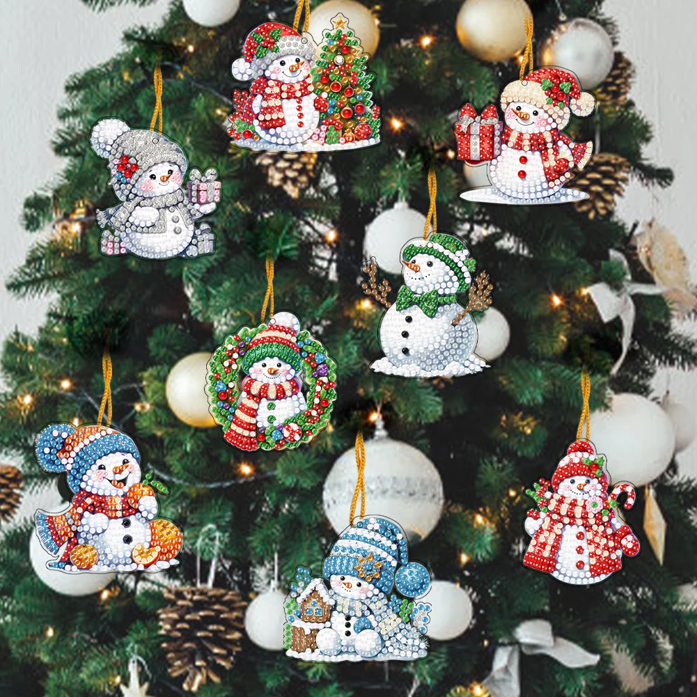 5D DIY 8Pcs Christmas Snowman Diamond Painting Christmas Tree Pendant for Xmas Tree 