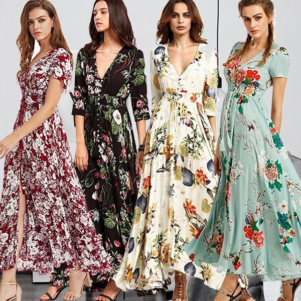 Womens Fashion Bohemian V Neck Print Big Swing Long Dress Plus Size - Chicaggo
