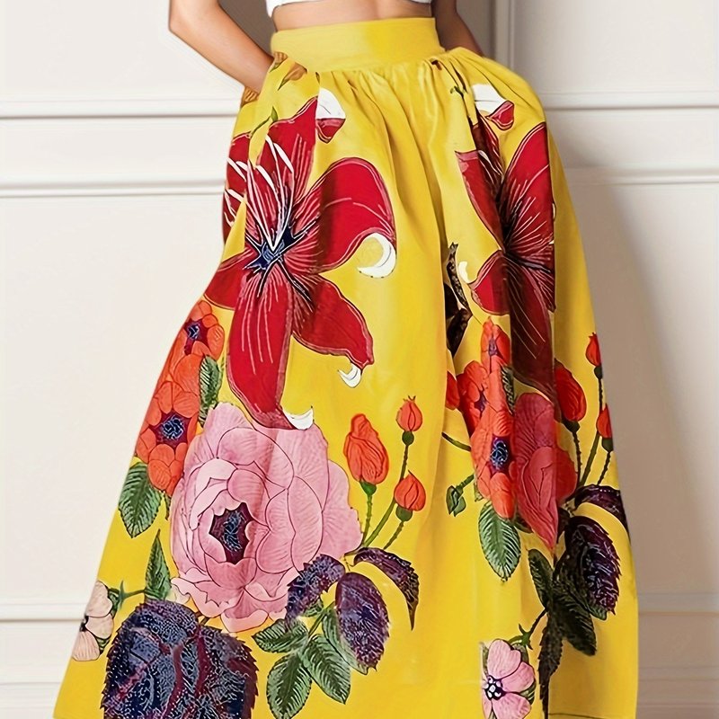 Boho Chic High Waist Floral Maxi Skirt - Flowy & Feminine with Scallop Detail, Perfect for Beach or Spring\u002FFall Season