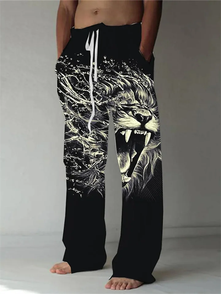 Men's Trousers Summer Pants Beach Pants Elastic Drawstring Design Front Pocket Straight Leg Animal Lion Graphic Prints Comfort Soft Casual Daily Fashion Designer Black Green