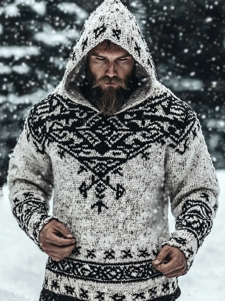 Men's Viking Tribal Jacquard Celtic Knit Hooded Sweater