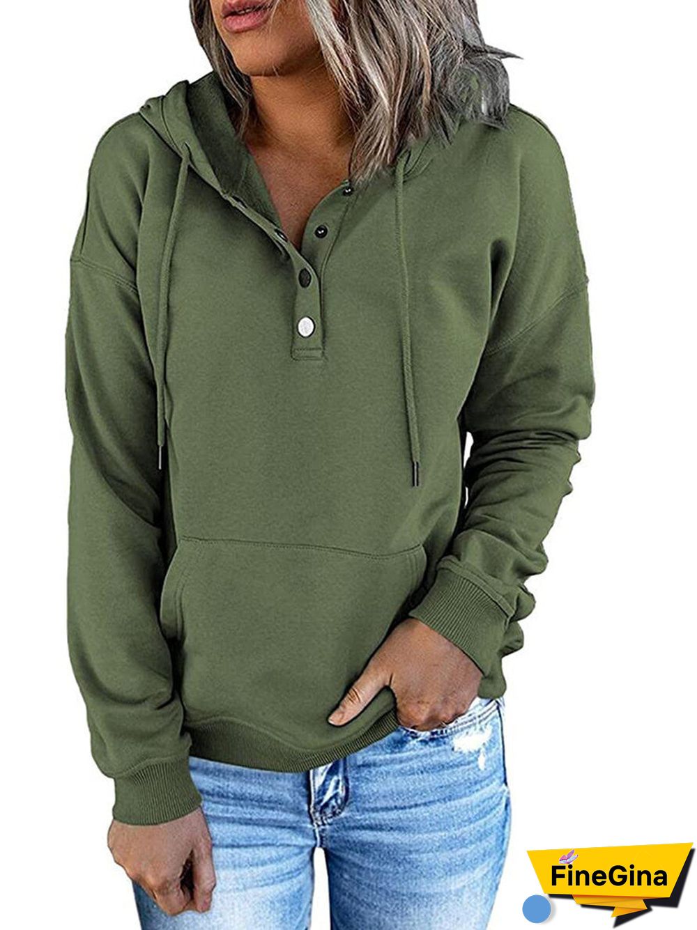 Women's Button Solid Color V-neck Long Sleeve Top