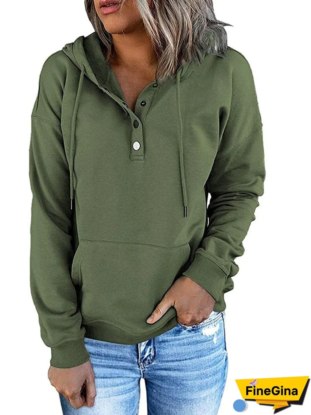 Women's Button Solid Color V-neck Long Sleeve Top