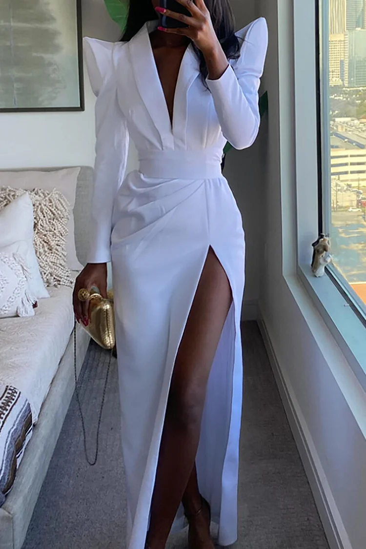 Shoulder Pads Long Sleeve Deep V Neck High Slit Party Maxi Dresses-White