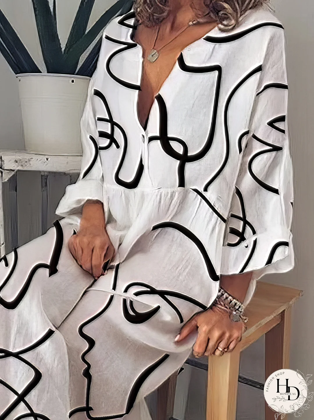 Tiered Maxi Dress with Abstract Faces