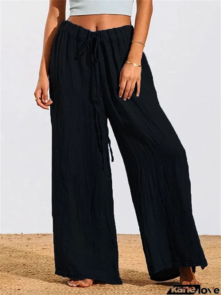 Soft Drawstring Solid Color Wide Leg Pants