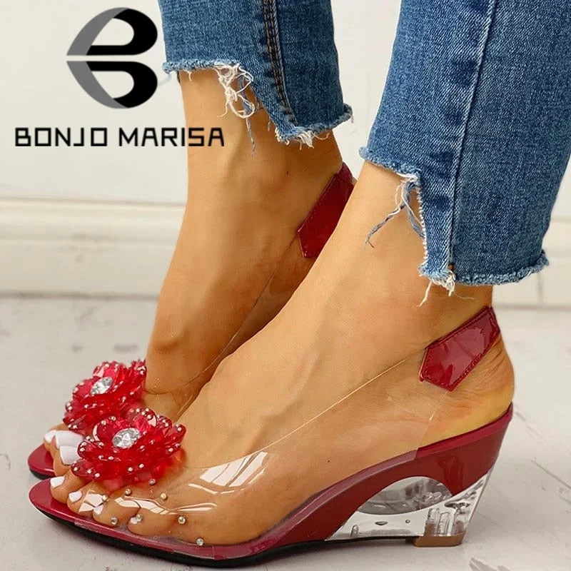 BONJOMARISA Large Size 34-43 Hot Sale INS Hot Transparent Flat Sandals Shoes Woman Elegant Flowers Wedges Sandals Women
