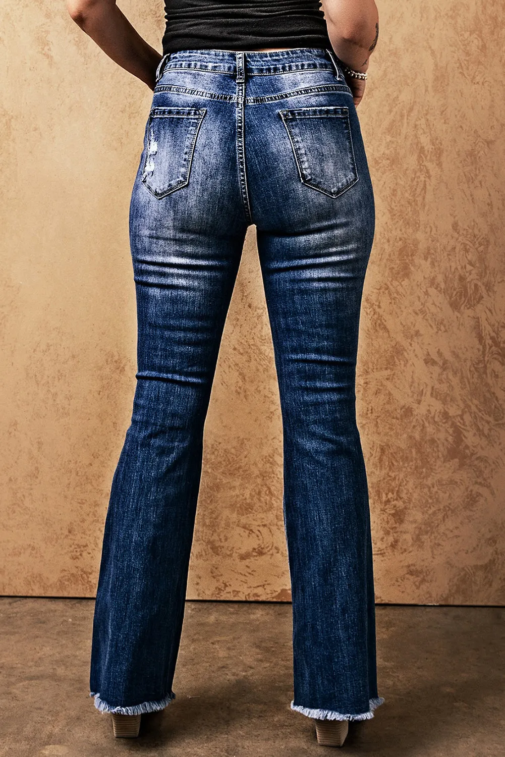 Sky Blue Distressed Raw Hem High Waist Flare Jeans