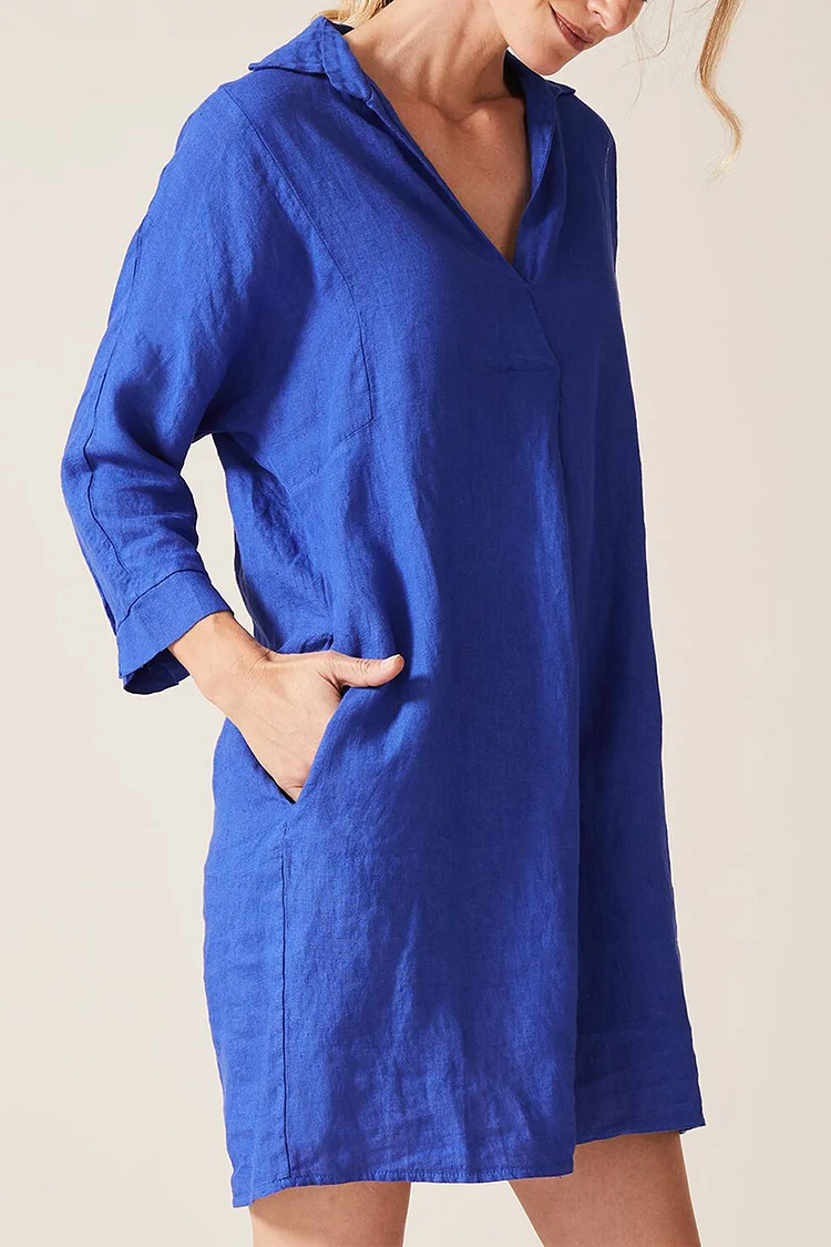 Blue Linen V Neck Long Sleeve Pockets Mini Shirt Dresses [Pre Order]