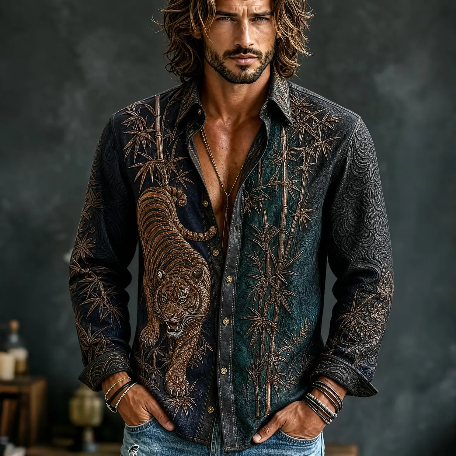 Comstylish Men's Japanese Art Bamboo Tiger Design Cotton Linen Shirt